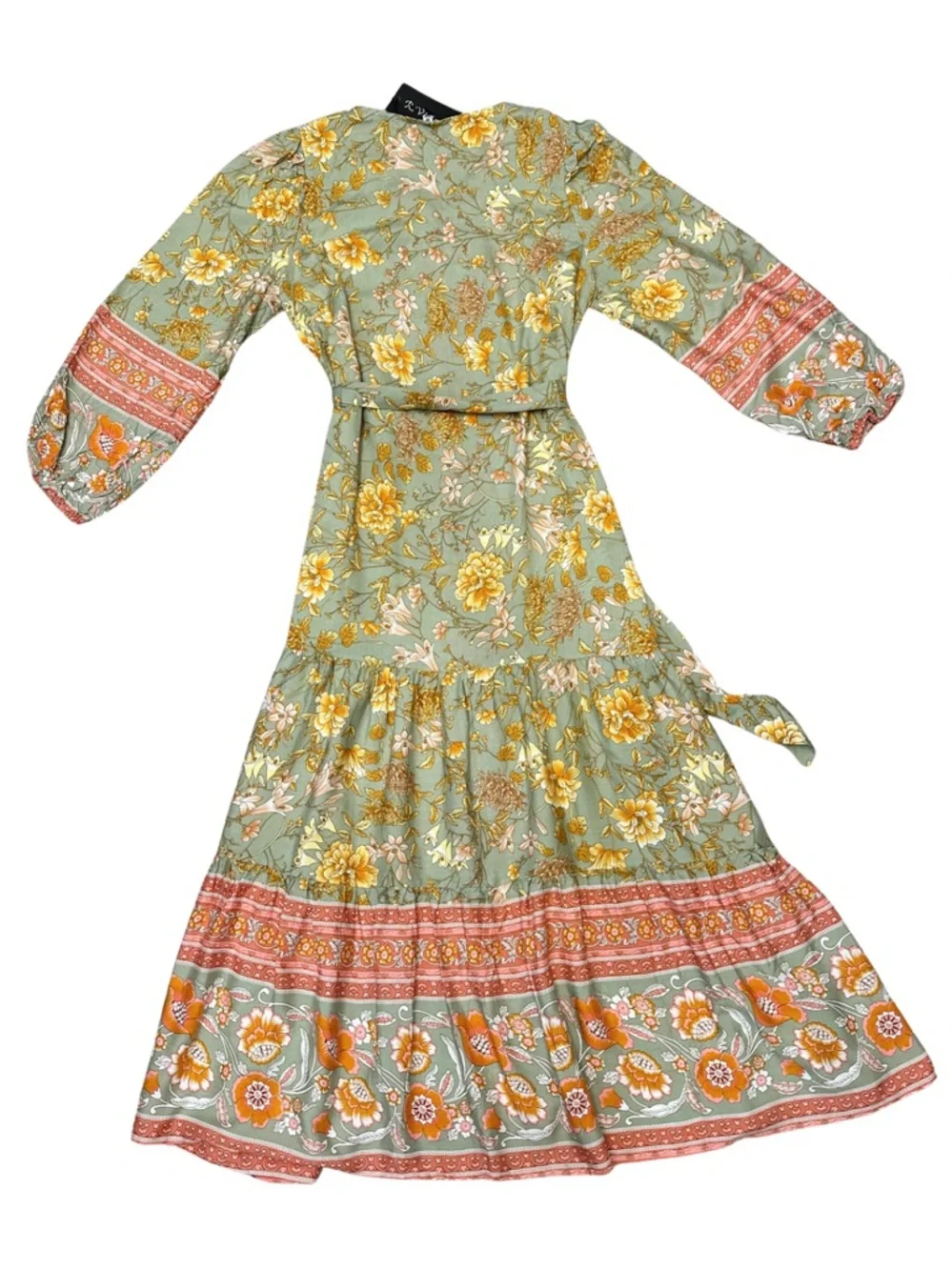 Boho Floral Midi Dress Sage Green Pink Border Print Button Front Size M NWT - Picture 4 of 15